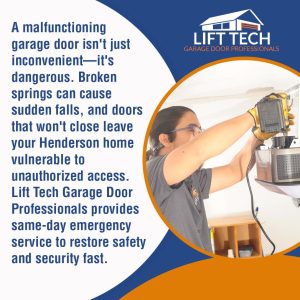Why Henderson Homeowners Should Prioritize Garage Door Repair for Safety and Peace of Mind 3 A garage door technician working on the motor of a garage door, with text explaining the dangers of a malfunctioning garage door and promoting emergency repair services.