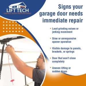 Why Henderson Homeowners Should Prioritize Garage Door Repair for Safety and Peace of Mind 2 A garage door technician working on a garage door opener, with text listing signs a garage door needs immediate repair.