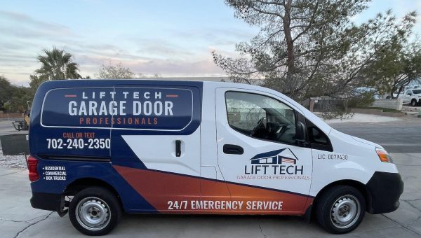 Advertisement for Lift Tech Garage Door Professionals showing a technician working on the internal garage door mechanism.